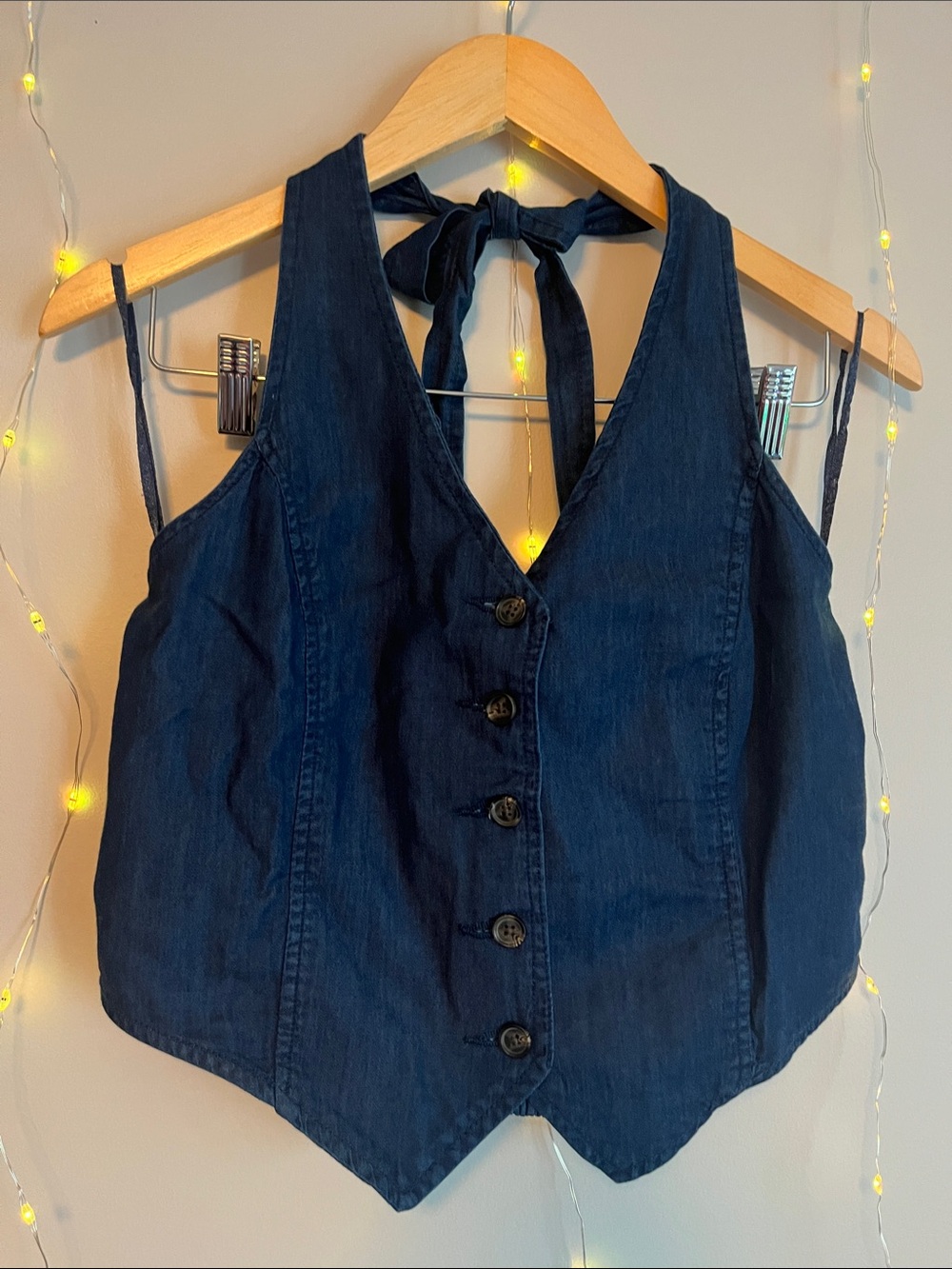 Joe Fresh Dark Blue Denim Button-Front Halter Crop Top